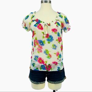 Hollister Sheer Floral Peasant Top - White